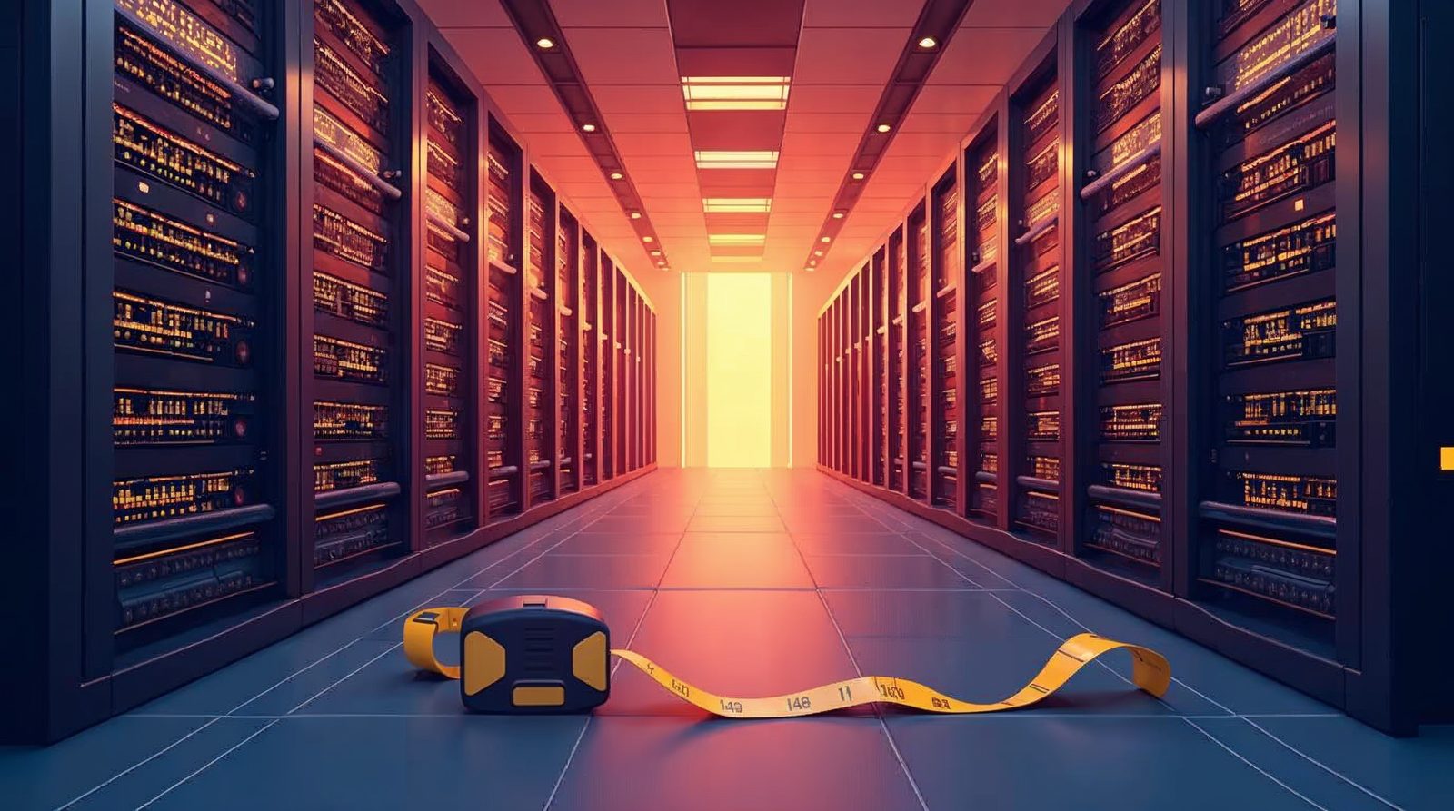 Colorful illustration of server storage drives in a rack beside a measuring tape, showing how much disk space a website uses