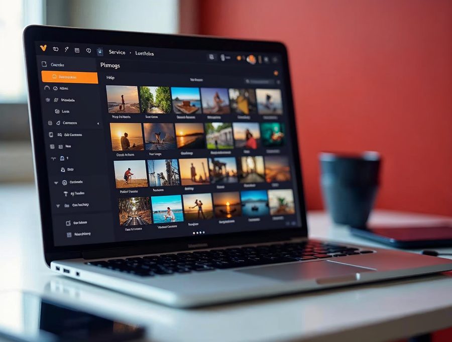 Laptop showing a grid of photo thumbnails next to a smartphone, illustrating large photos that take up website disk space