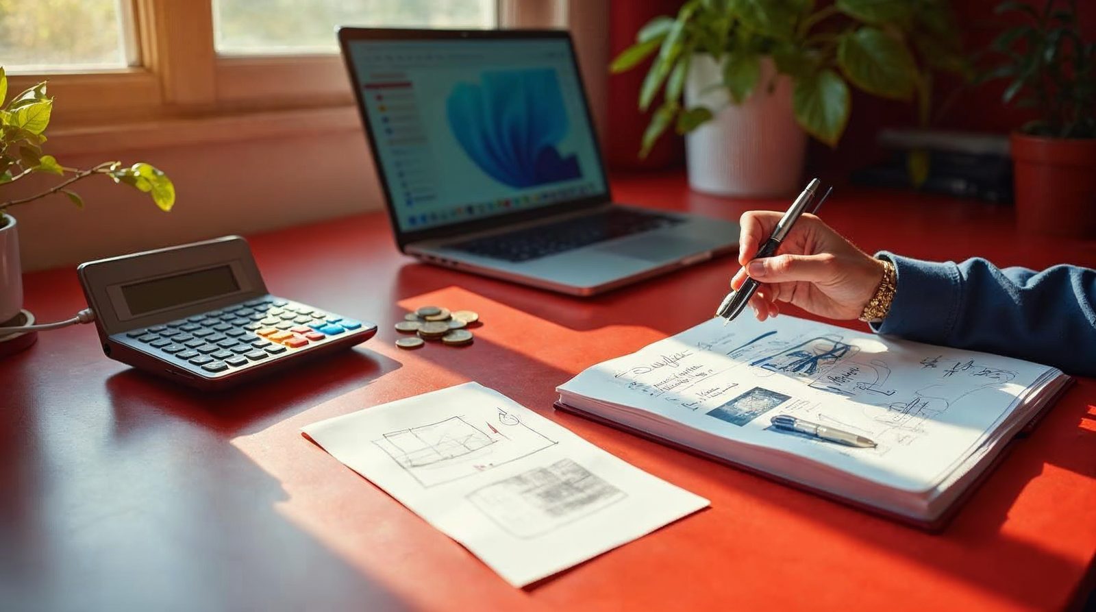 Designer's desk with a laptop, calculator, sketch notepad and a stack of coins showing how web design work is priced