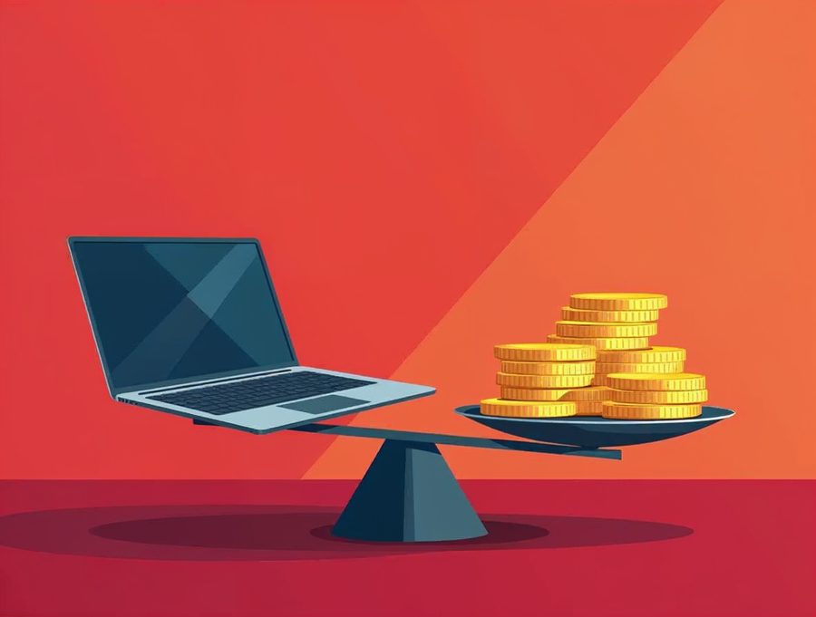Balance scale with a laptop on one side and gold coins on the other to show weighing price against work