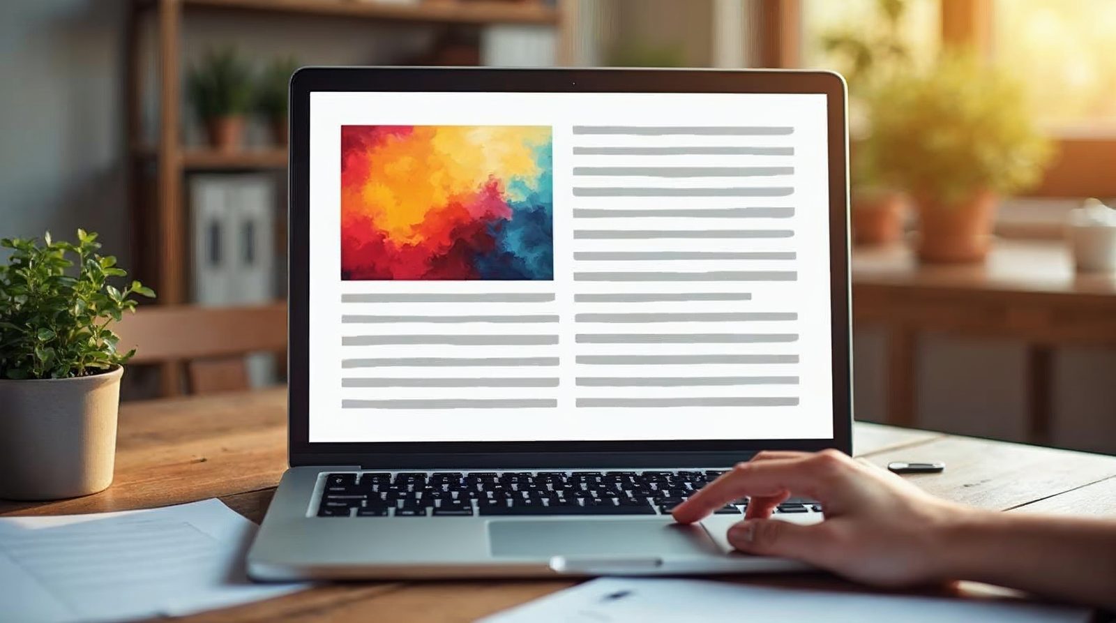 Laptop on a sunny desk showing a blog post with a colorful photo placed between lines of text