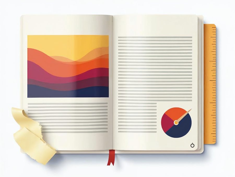 Illustration of a page with a colorful picture on the left and lines of text wrapping around it on the right