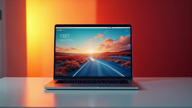A laptop showing a browser window with a landscape picture and an arrow of light leading to a blank post editor
