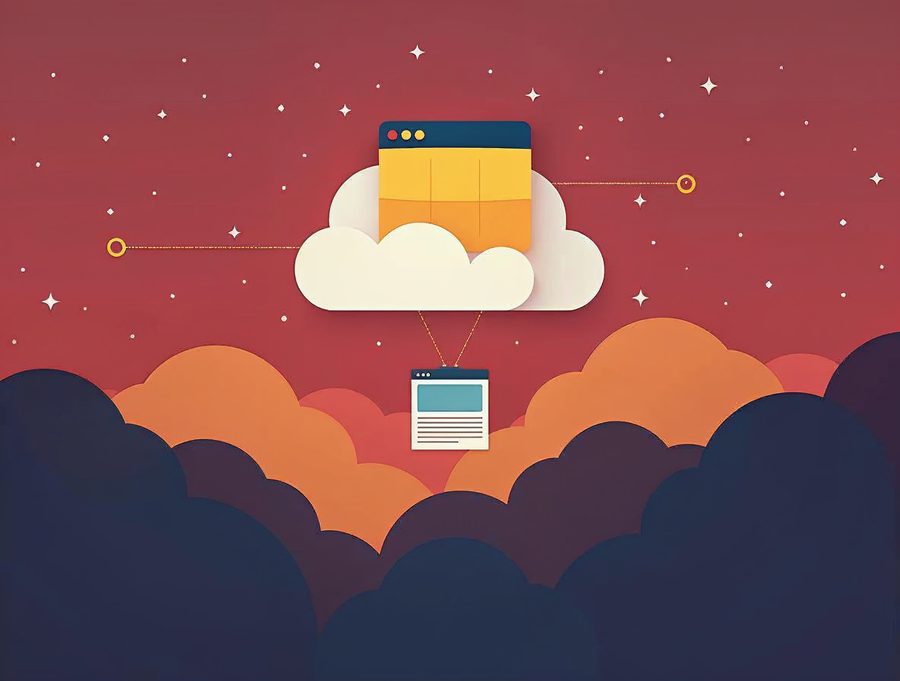 A flat illustration of a picture on a distant cloud server joined by a dotted line to a small website window