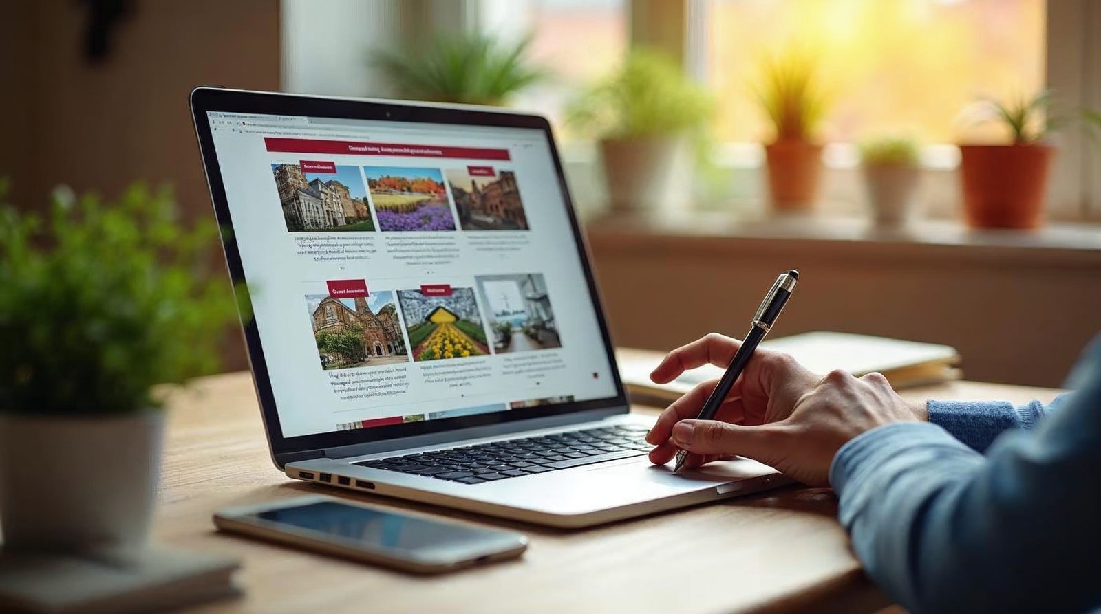 Laptop on a bright desk showing a half-built web page with picture boxes and text lines while a hand holds a pen