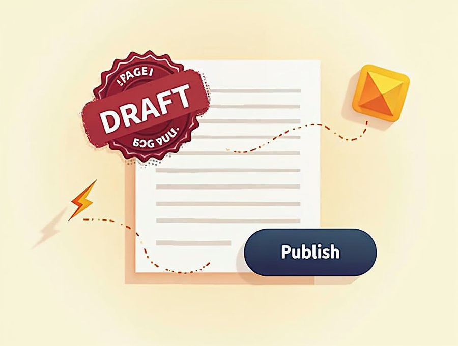 Flat illustration of a page moving from draft to published with a large Publish button beside it
