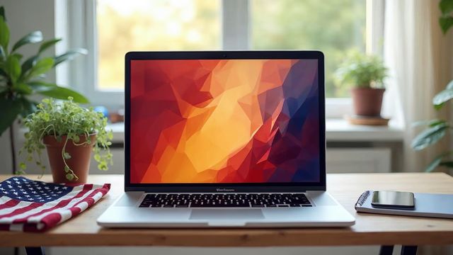 Laptop on a wooden desk beside a neatly folded flag in a bright home office, showing a website ready for a military family