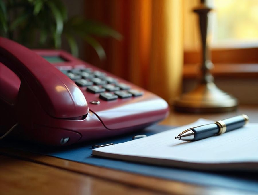 Desk phone resting beside a notepad and pen, showing that you contact us by phone before you order the discount