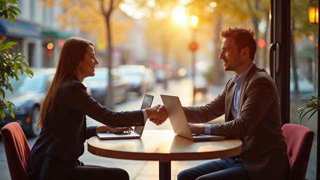 Two business owners shaking hands across a cafe table with a laptop and notebook, a friendly in-person sales talk