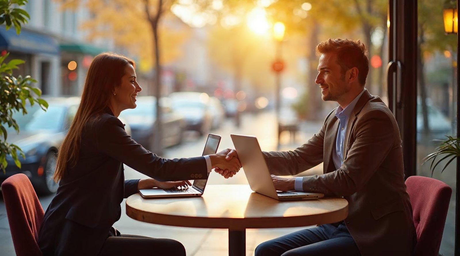 Two business owners shaking hands across a cafe table with a laptop and notebook, a friendly in-person sales talk