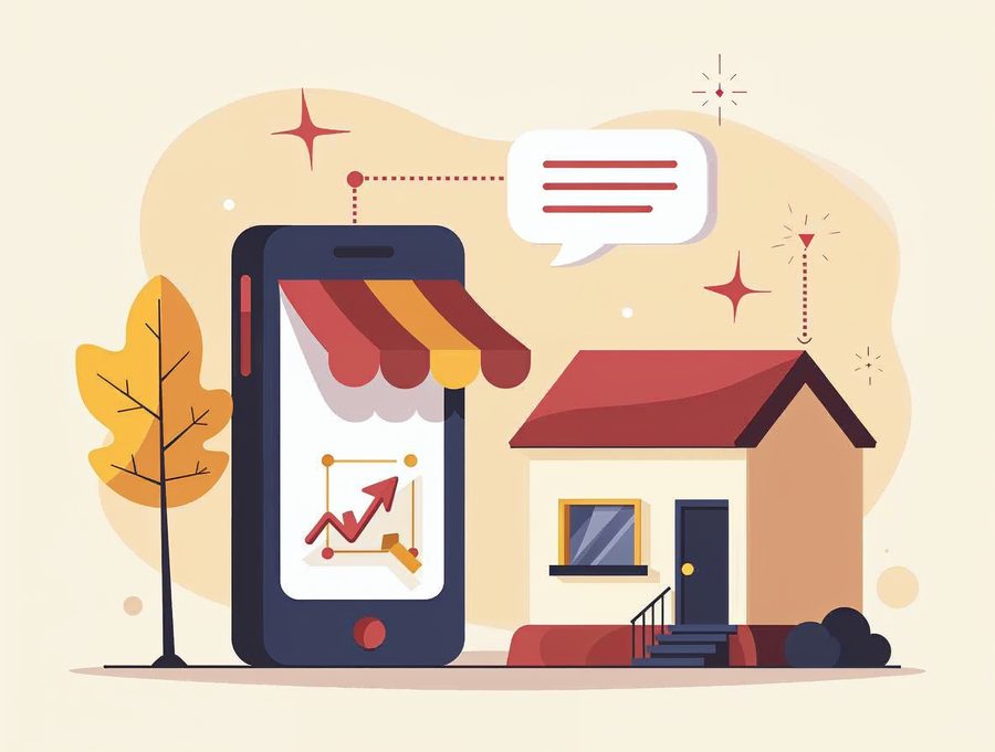 Flat illustration of a phone chat bubble linked to a small storefront and a browser window for local referrals