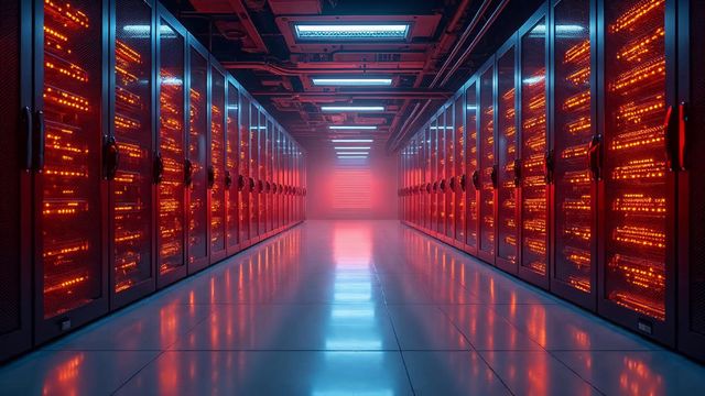 A clean modern server room with rows of racks and glowing lights that represent managed web hosting