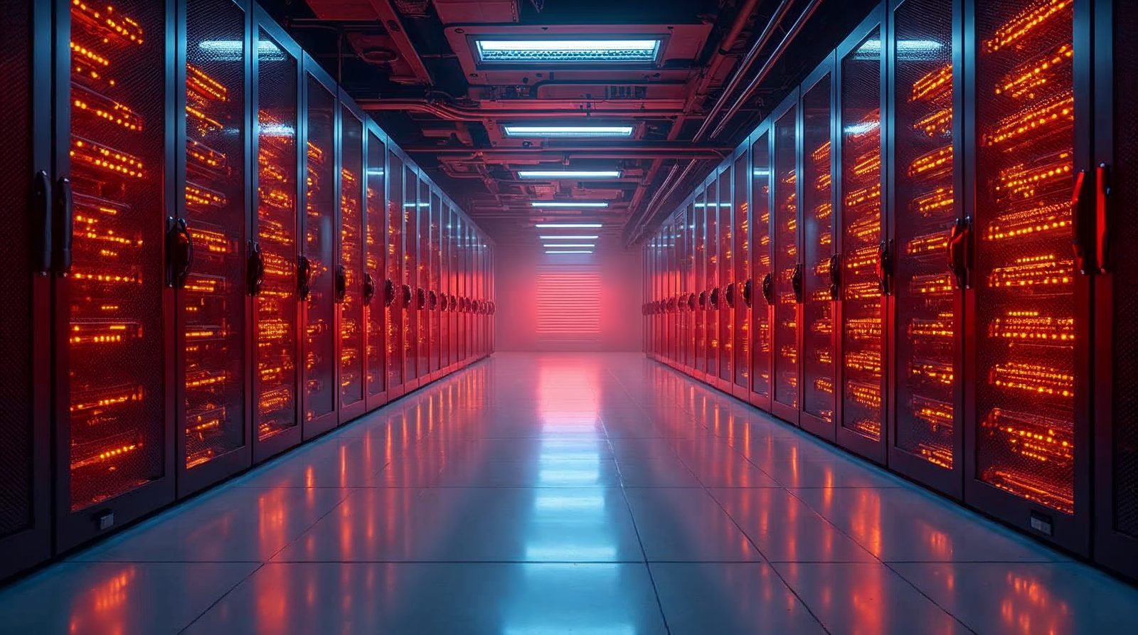 A clean modern server room with rows of racks and glowing lights that represent managed web hosting