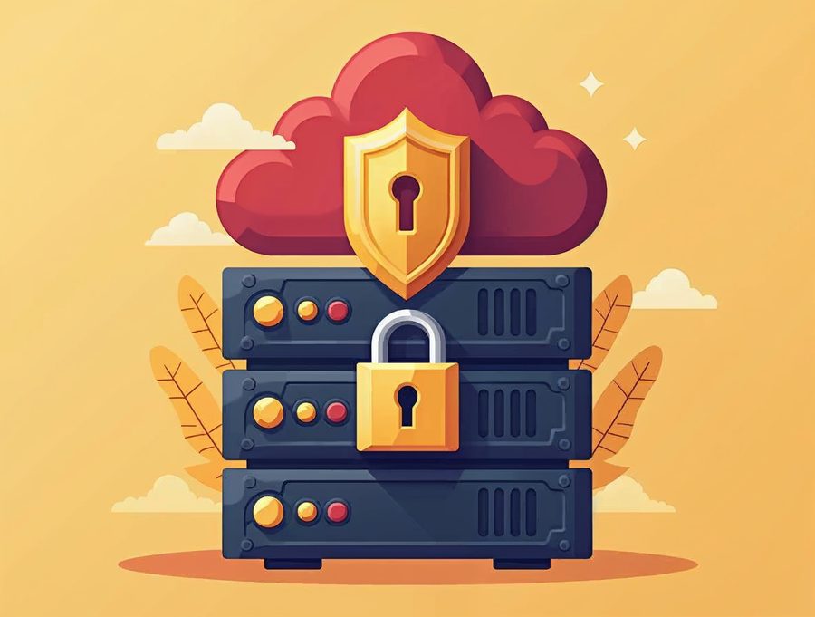 A flat illustration of a padlock, a shield and a cloud over a server stack showing hosting security and backups