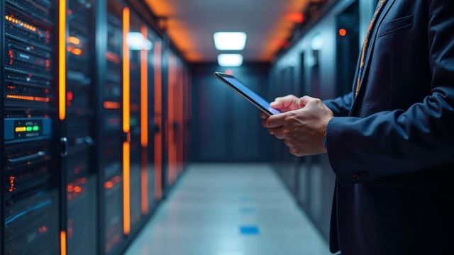 A server rack in a bright room with a technician's hands holding a tablet, showing a VPS being set up