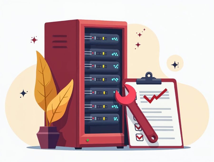 Flat illustration of a server rack with a wrench and checklist, showing server setup work
