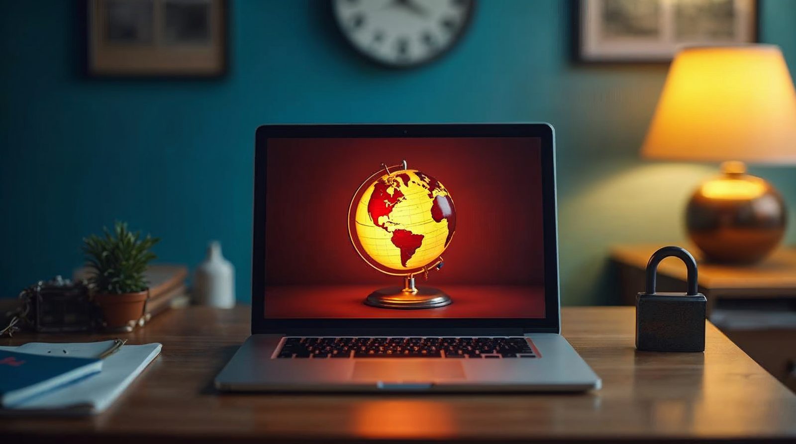 Laptop with a glowing globe and padlock on a desk beside a wall clock, showing a new domain name being verified