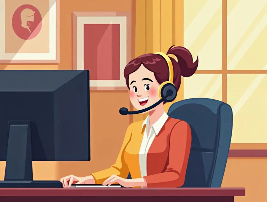 Illustration of a support person on a phone headset at a desk, calling a new customer after a domain purchase