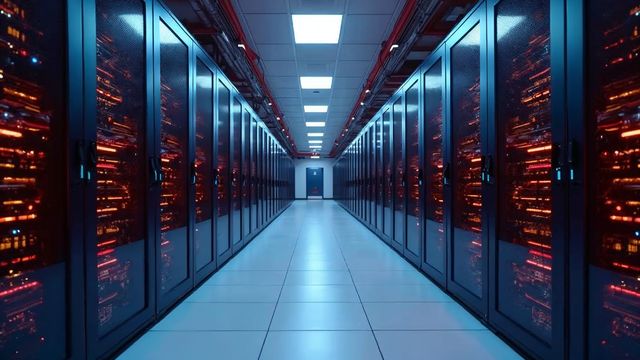 Neat aisle of server racks with blue status lights in a bright data center, showing web hosting infrastructure