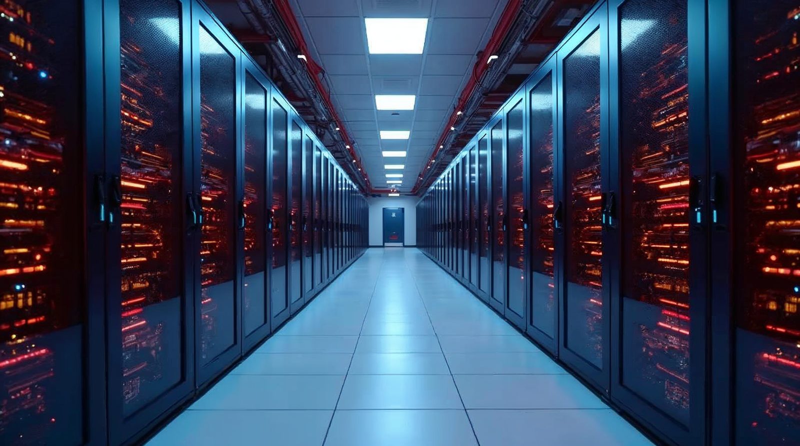 Neat aisle of server racks with blue status lights in a bright data center, showing web hosting infrastructure