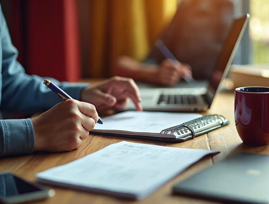 Person at a desk with a laptop and a notebook planning a small hosting business, with a coffee mug beside them