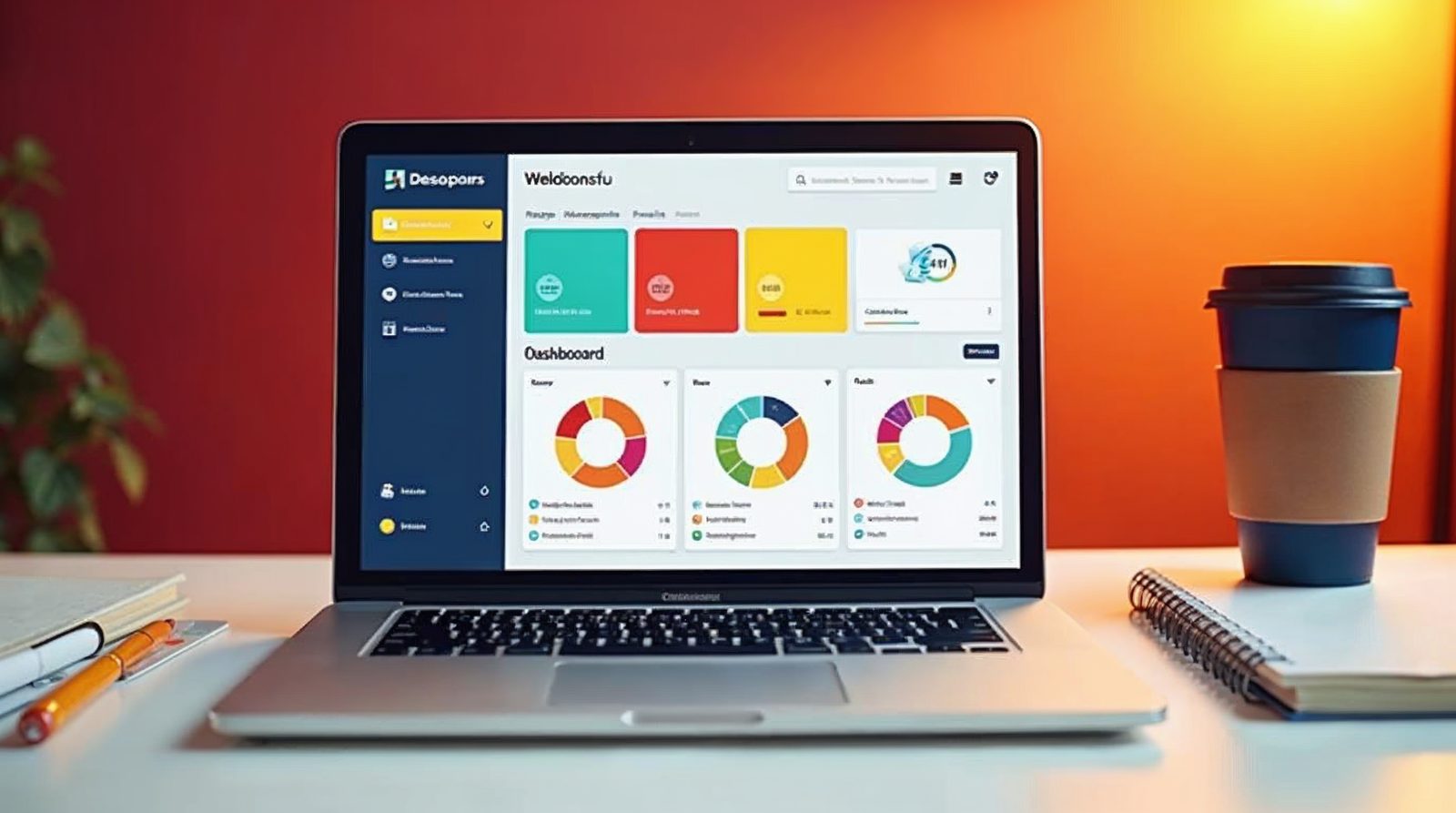 Laptop on a bright desk showing a colorful hosting dashboard next to a checklist notebook with ticked items