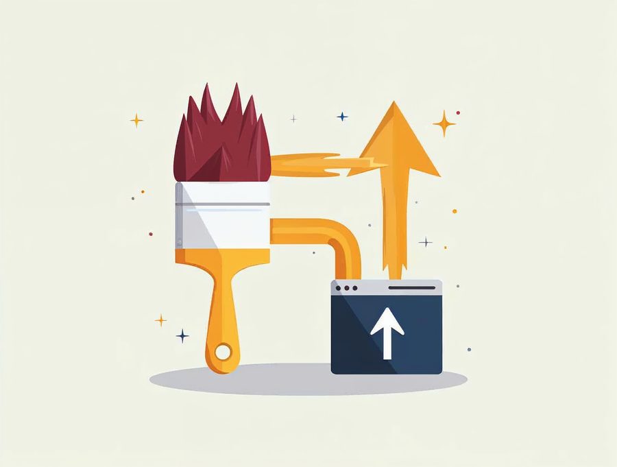 Flat illustration of a paintbrush, a wrench and an upload arrow leading to one browser window, three ways to build a site