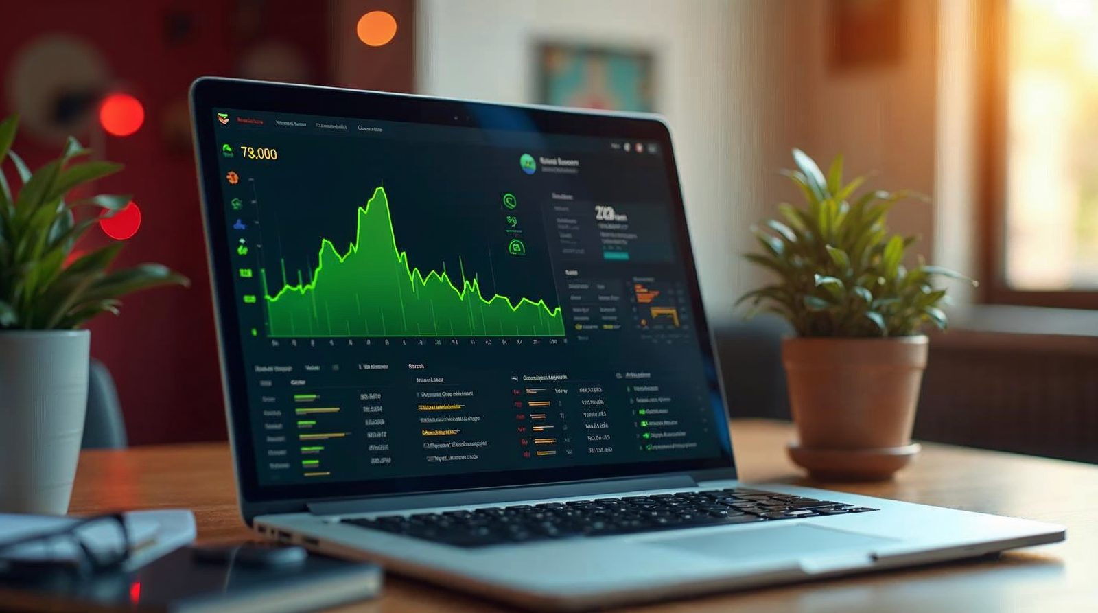 A laptop on a tidy desk showing a calm green dashboard with a heartbeat line that represents website uptime