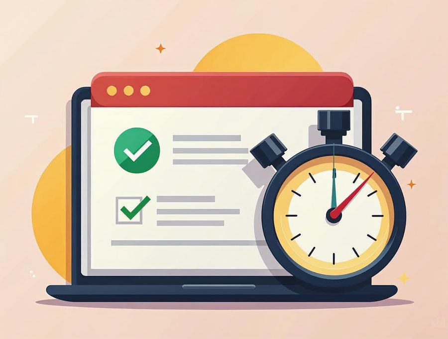 A flat illustration of a stopwatch beside a browser window with a green check mark showing a site uptime check
