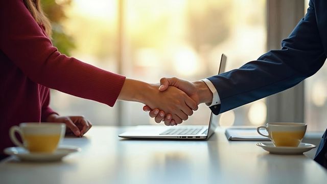 Two people shaking hands over an office desk with a laptop, welcoming a new team member to a web company