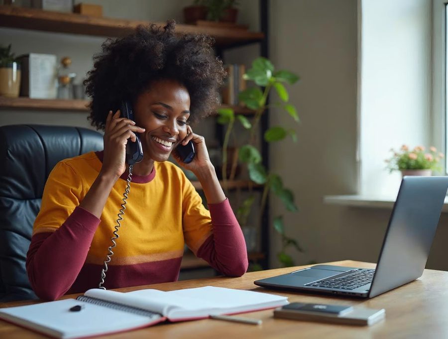 A person at a desk on a phone call with a notebook and laptop, getting phone support from a web team