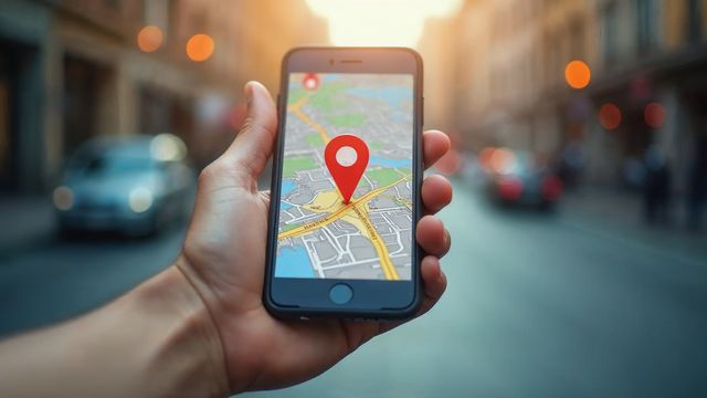Hand holding a smartphone with a map and a red location pin, showing how to find a business on Google Maps