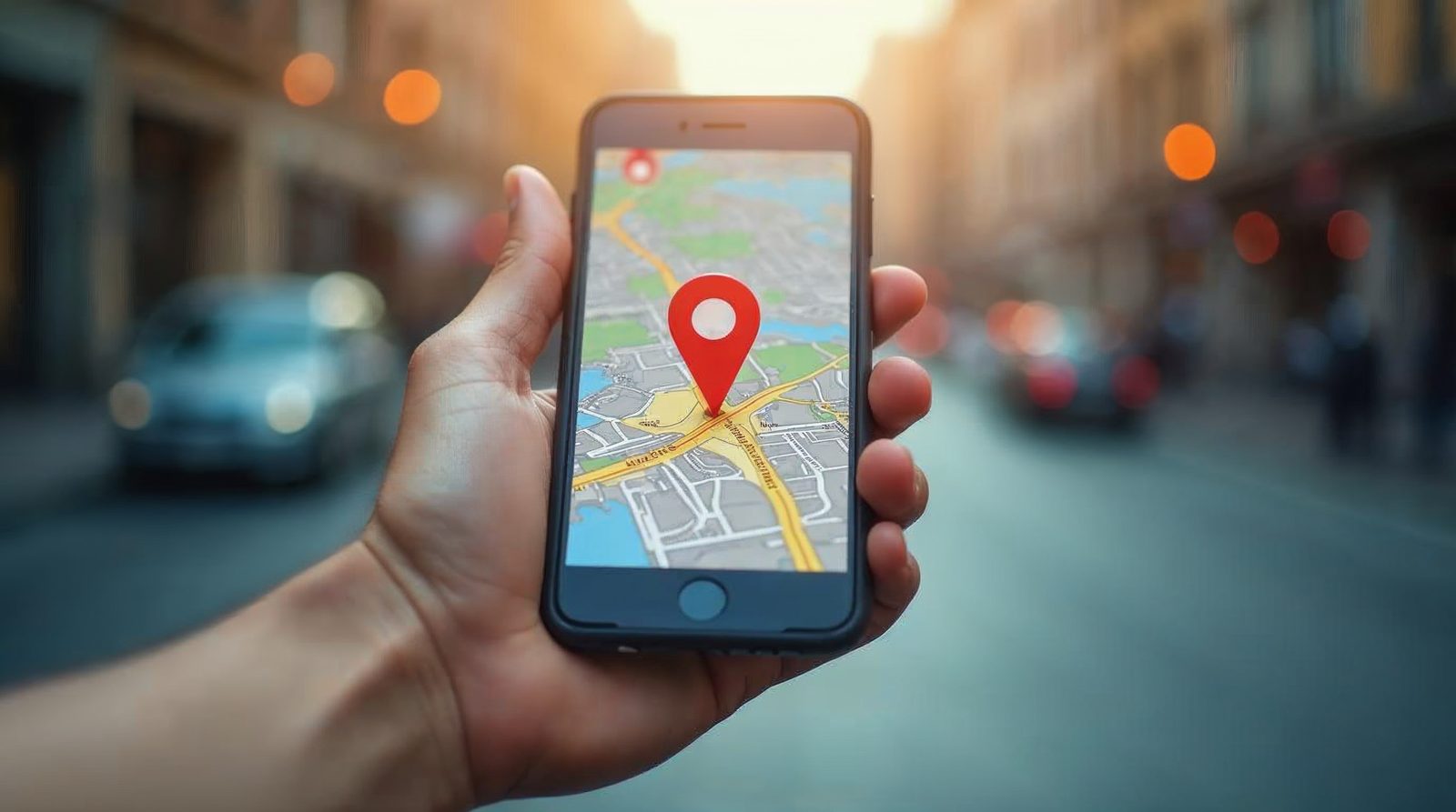 Hand holding a smartphone with a map and a red location pin, showing how to find a business on Google Maps