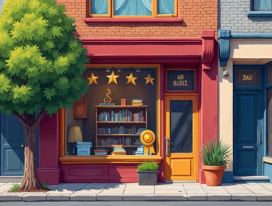 Welcoming small business office with a large window and a golden award ribbon on a shelf, representing a verified local company