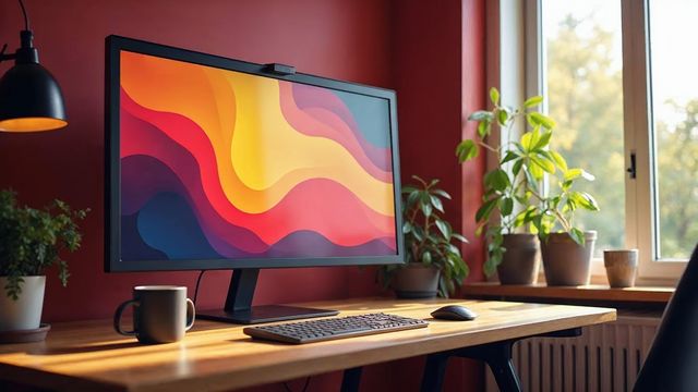 Welcoming accessible home office with a large monitor showing a colorful web page layout, an adjustable desk and a plant