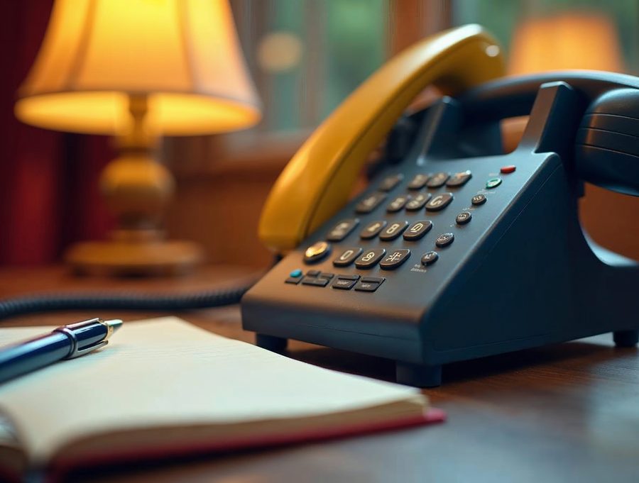 Desk phone resting beside a notepad and pen, showing that you contact us by phone before you order the discount