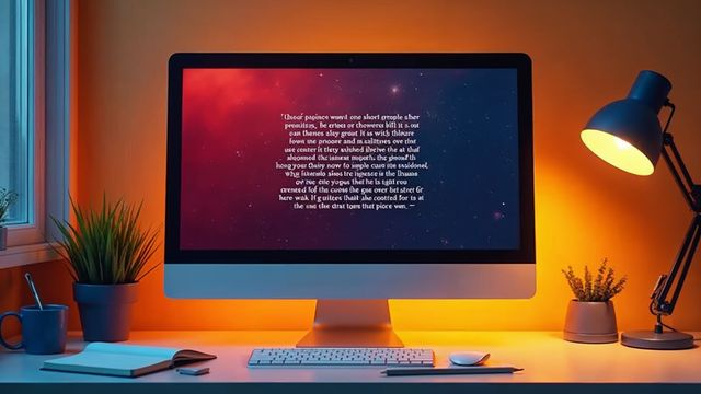 Desk with a monitor showing a web page paragraph where one phrase stands out in heavy dark lettering