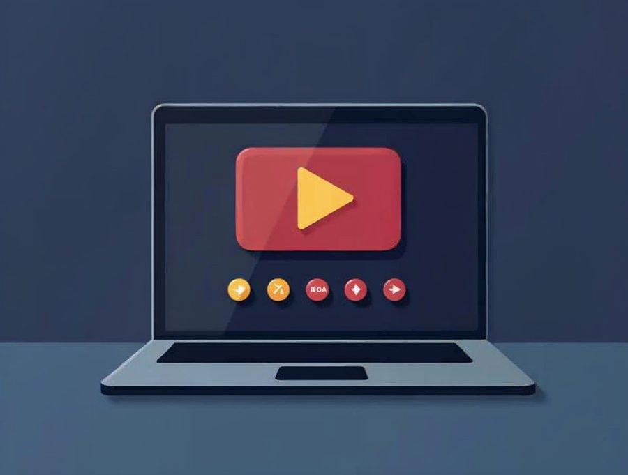 A laptop with a golden play button and a row of step circles, showing a step-by-step video lesson