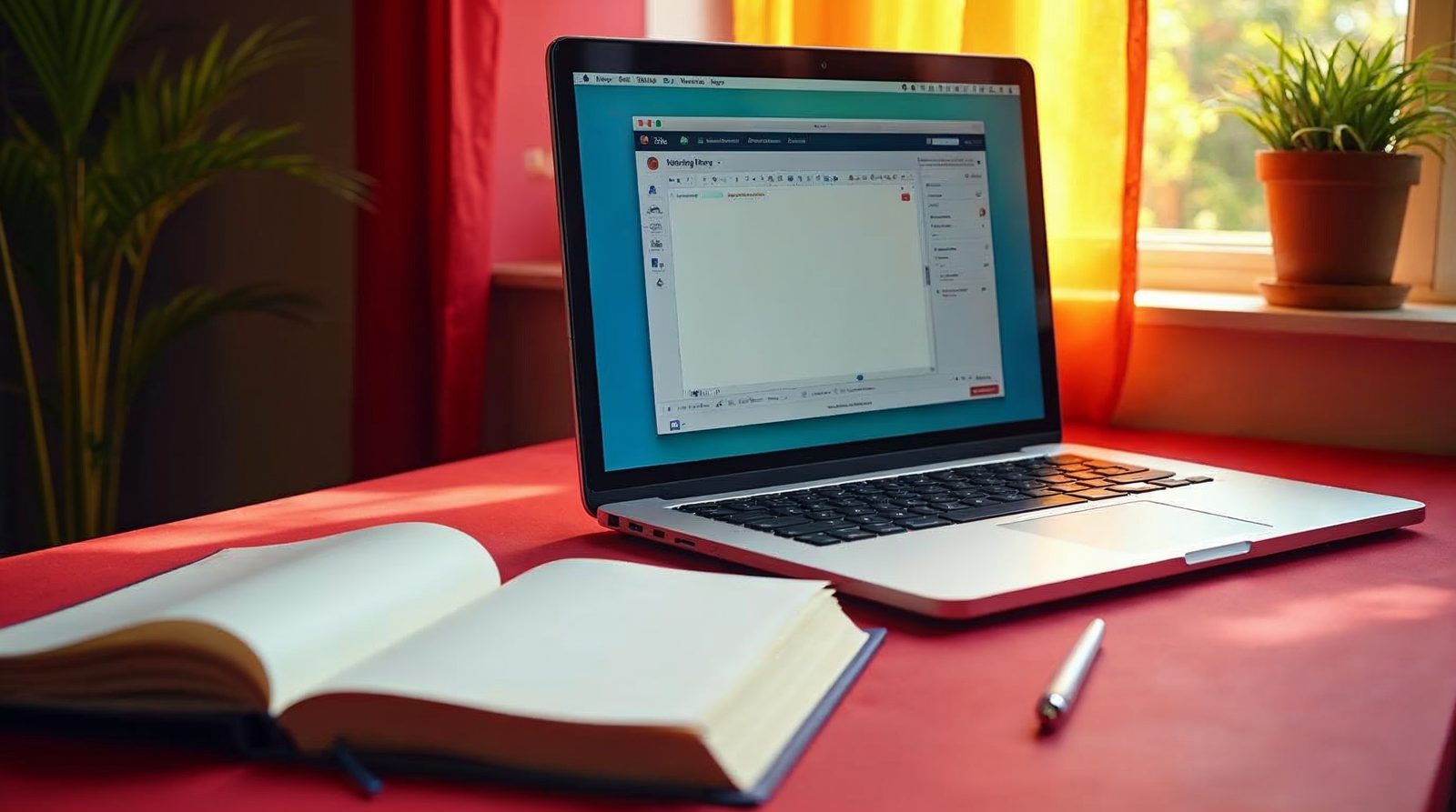 A desk with a laptop showing a simple page editor beside a notebook with a few hand drawn code tags