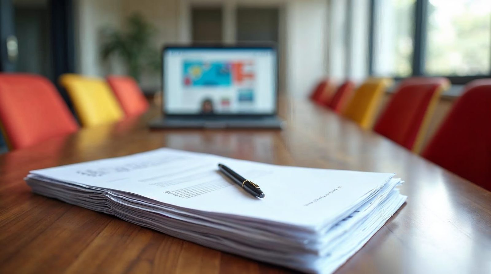 Conference table with stacked proposal folders, a pen and a laptop showing a website layout for a government bid