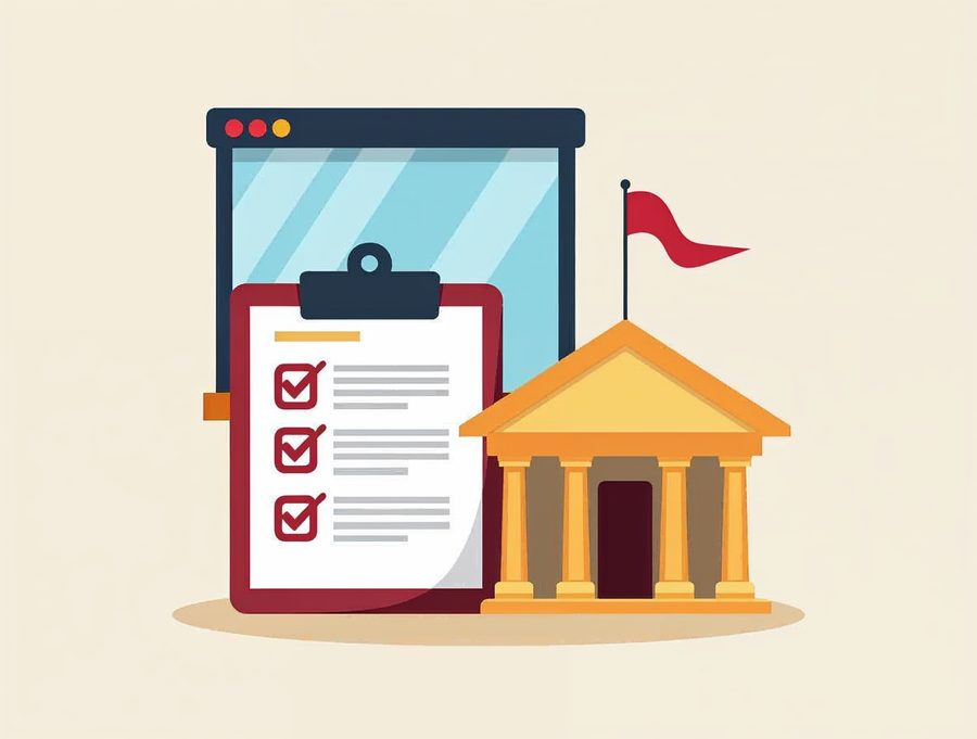 Flat illustration of a checklist clipboard beside a browser window and a columned government building for city bids