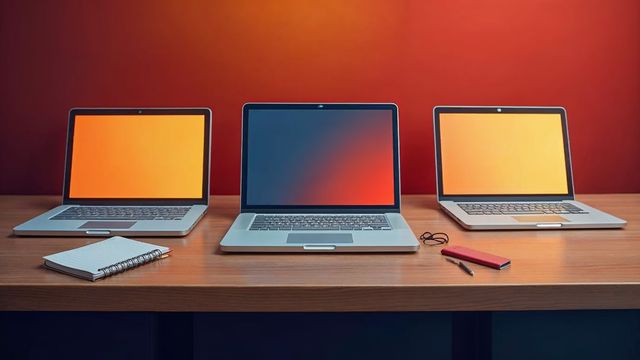 Three laptops in a row on a wooden desk, each showing a different page layout, with a notebook and pencil nearby