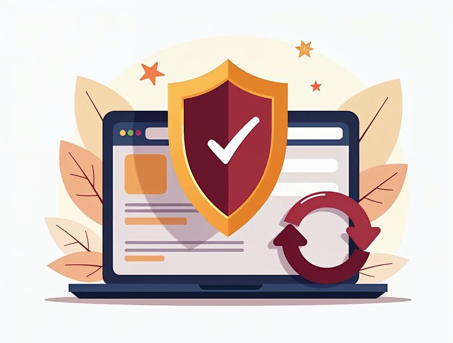 A shield with a check mark beside a circular backup arrow and a laptop, showing a safe website update