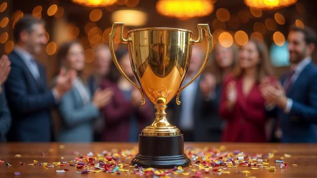 A golden trophy on a table with confetti while a team applauds in the background