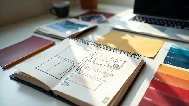 Bright desk with a sketched page layout, color swatches, printed photos and a laptop, ready for planning a website