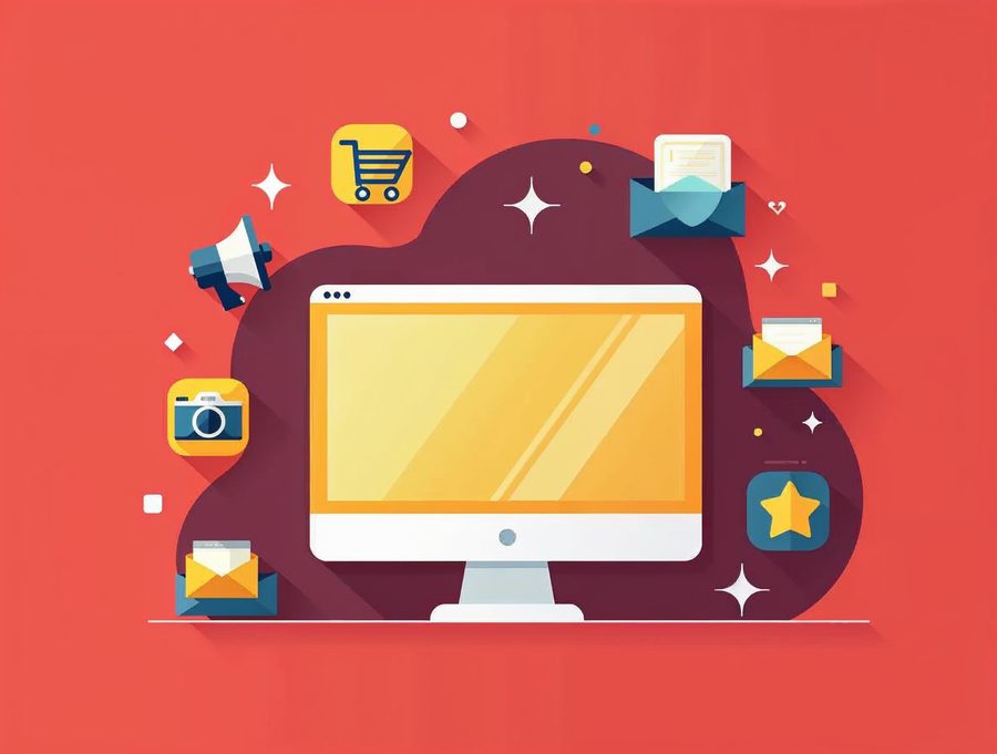 Illustration of a browser window surrounded by icons for a shopping cart, camera, envelope and megaphone