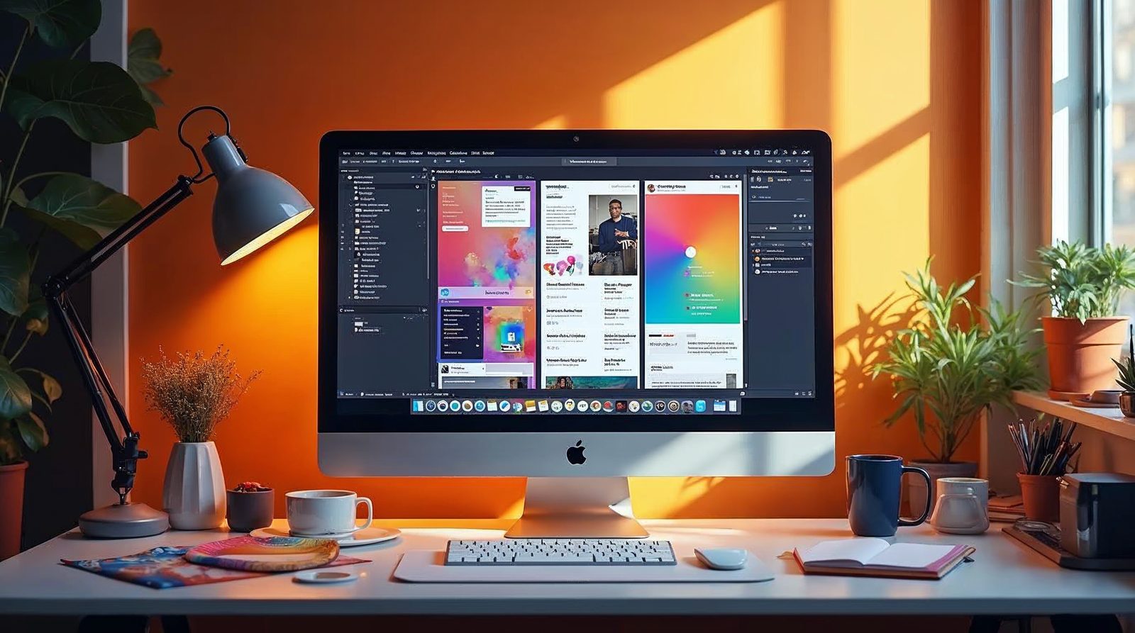 A web designer's workspace with a monitor showing colorful page layouts, a color palette fan and a drawing tablet