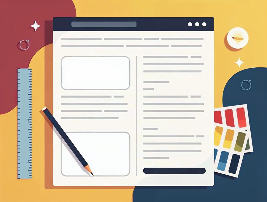 Illustration of a page wireframe turning into a colorful finished web page beside a ruler, palette and pencil