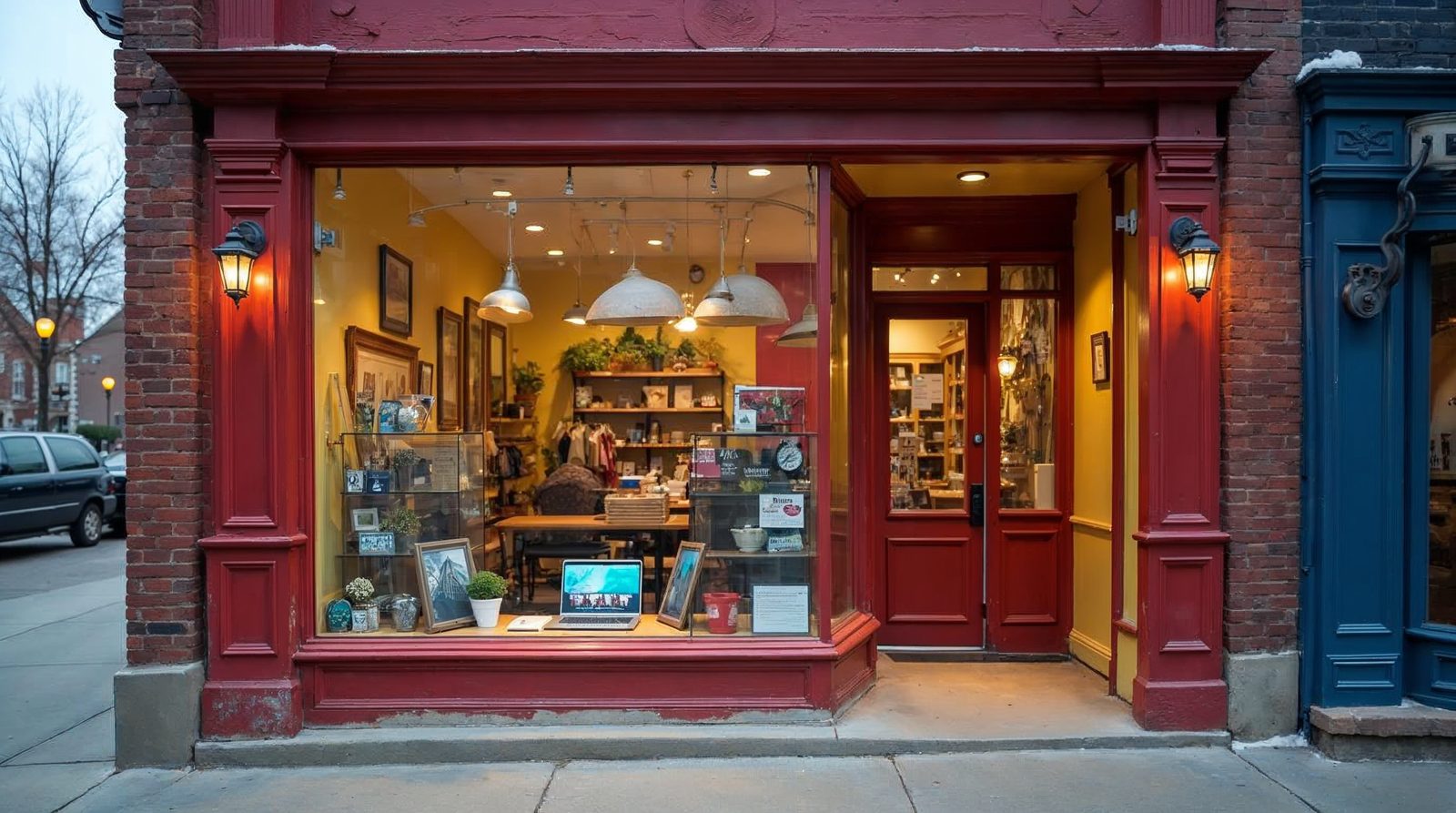 A small business storefront with a laptop in the window showing a colorful website for a local Omaha company