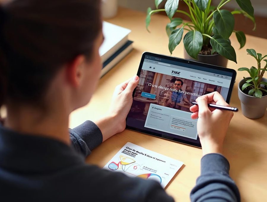A designer at a bright desk sketching a website layout on a tablet while planning a new small business site